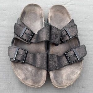 Birkenstock Arizona Two-Strap Black Gold Sparkle Suede Sandals Size 9